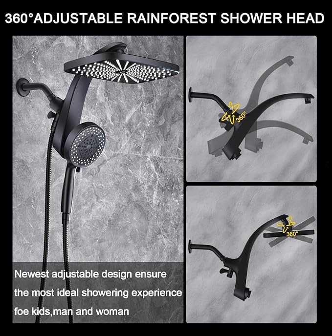 BOZYBO Rain Shower Head with Handheld: High Pressure Shower Heads with Handheld Spray Combo, 12" Rainfall Shower Head and 9 Sprays Hand Showerheads with Magnetic Docking and Power Jets, Black 2.5GPM