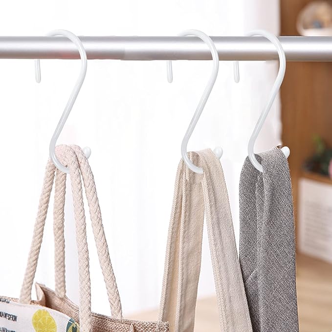 12 Pack 4-1/2 Inch White S Hooks for hanging, Large Vinyl Coated S Hangers Hooks Heavy Duty, Steel Metal Rubber Coated Closet Rod Hooks for Hanging Jeans Clothes Plant Pot Pan Cup Bathrooms Towel Robe
