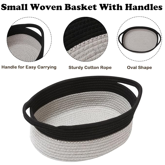 Small Woven Rope Basket-Empty Gifts Basket with Bag and Ribbons,Cute Handle Organizer Box for Birthday/Baby Shower, Toy Storage, Nursery Organizing & Shelf Decor(Black&Grey)