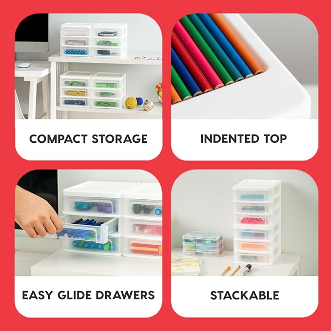 IRIS USA Plastic Stacking Desk Top 3-Drawer Storage Organizer, 4-Pack, for Makep Vanity Nail Polish Bathroom Stationery Art Craft Supplies Kitchen Office Garage and Small Organization, Small, White