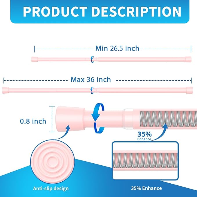 AIZESI 2 Pack Tension Curtain Rod for Windows 26.5 to 36 inch, Adjustable Expandable Pressure Spring Curtain Rod No Drilling, Pink Curtain Rod for Bedroom Doorway Closet Door