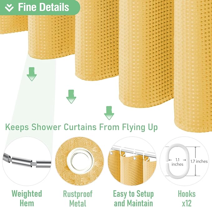 Dynamene Extra Long Shower Curtain - 96 Inch Long Waffle Weave Weighted Thick Cloth Bathroom Shower Curtain, Neutral Heavy Duty Hotel Bath Curtain Set with 12 Plastic Hooks,72x96, Gold