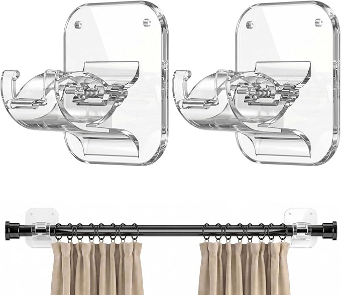 No Drill Curtain Rod Brackets - 20LB, 2 Pack Self Adhesive Curtain Rod Holder, Peel and Stick Wall Hooks, Renter Friendly Upgrades for Apartment, Kitchen, Bathroom, Dorm, Living Room and RV