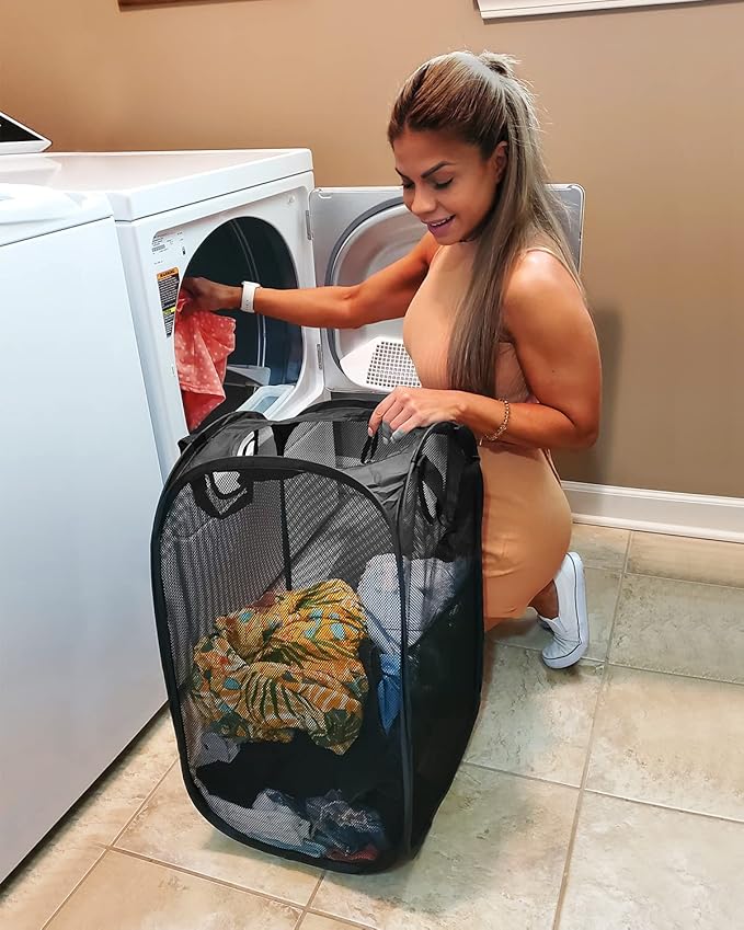 2 Pcs Strong Mesh Pop up Laundry Hamper,House Again Collapsible Laundry Basket with Durable Handles Solid Bottom High Carbon Steel Frame, Space-Saving, Easy to Open and Fold Flat for Storage(Black)
