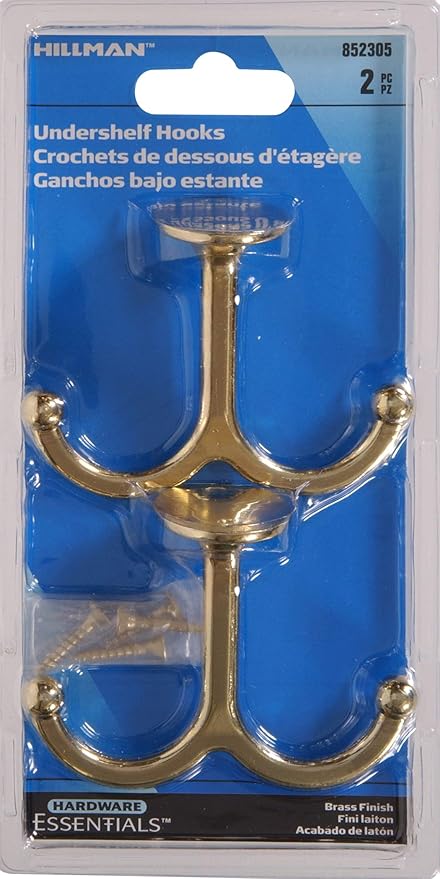 Hardware Essentials 852305 Under Shelf Coat Hook Brass Plated -2 Pack