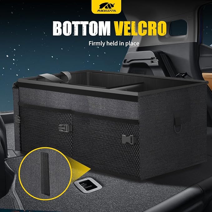 MIKKUPPA Car Trunk Organizer Set - 65L Collapsible Trunk Organizer with Lid, Registration and Insurance Holder with Magnetic Shut, 4 Pcs Car Seat Headrest Hook and Cup Holder Coaster (Black)