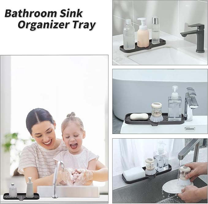 MicoYang Silicone Soap Dish with Drain Spout — Self-Draining Double Sink Organizer Tray for Kitchen & Bathroom, Dispensers, Sponges & Soap Holder, Non-Slip & Dishwasher Safe, Coffee (Large, 12"×4")