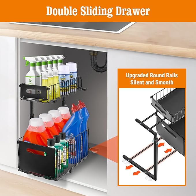 Under Sink Organizers and Storage, 2-Tier Pull Out Cabinet Organizer, Slide Sink Steel Shelf Cabinet Storage Shelves, 5 Height Adjustable Under Sink Storage for Kitchen Bathroom Cabinet, Black (1Pack)