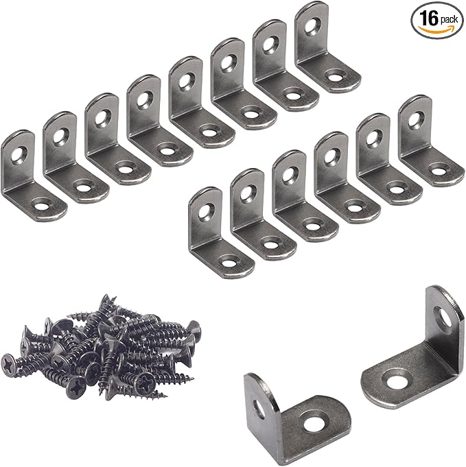 L Bracket 1" Corner Brace 90 Degree Right Angle Metal Support Fastener for Wood Shelves Furniture Desk Cabinet Chair Drawer, Pack of 16, Black Tone Gun Metal