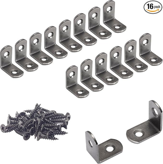 L Bracket 1" Corner Brace 90 Degree Right Angle Metal Support Fastener for Wood Shelves Furniture Desk Cabinet Chair Drawer, Pack of 16, Black Tone Gun Metal