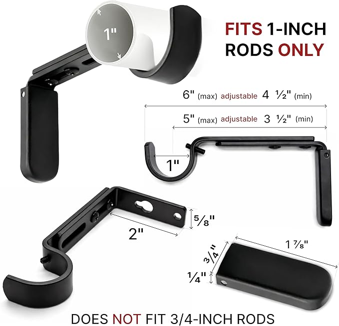Adjustable Curtain Rod Brackets for Wall with Magnetic Cover, 5 inch Long Heavy Duty Curtain Rod Holders Extended Brackets, Window Hardware Holders Adjustable Mounting Hardware Support Black Set of 2