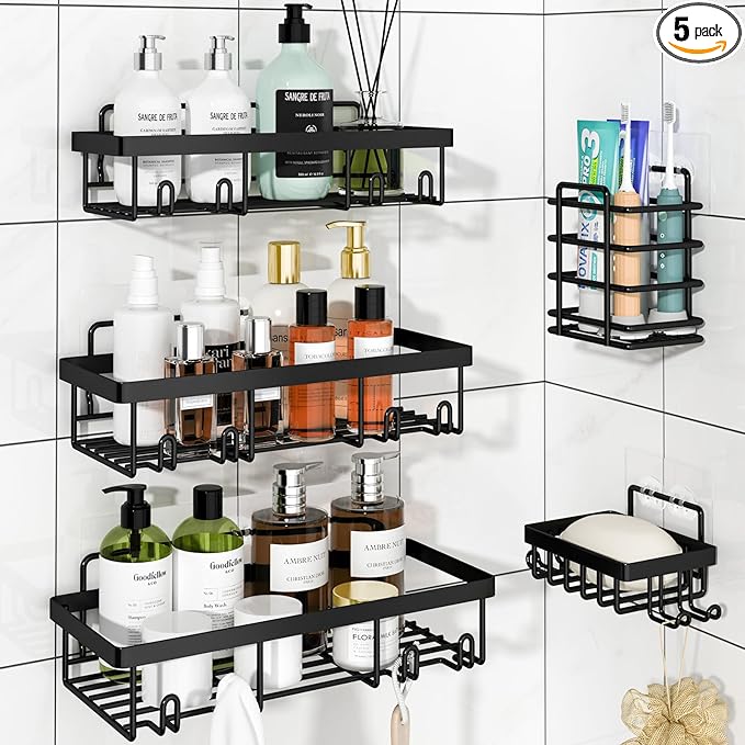Liuoud 5 Pack Shower Caddy Organizer Rack Shelf for Inside Shower, Adhesive Bathroom Wall Storage Basket Rustproof Stainless Steel Shampoo Holder, Bathroom Accessory Decor Set, Black.