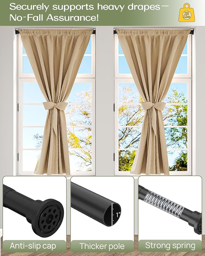 ALLZONE Shower Curtain Rod Spring Tension,28-42 Inch Heavy Duty Tension Rod No Drilling, Anti-Slip Shower Rod Tension,Adjustable Tension Curtain Rod for Window/Bathroom/Closet,Black