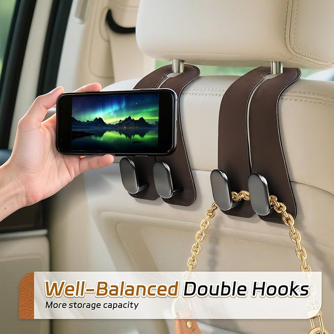 Car Seat Headrest Hooks - 2 Pack Universal Car Purse Hook, Leather Car Bag Purse Holder with Double Metal Hooks for Handbags, Grocery Bags, Bottles, Phones