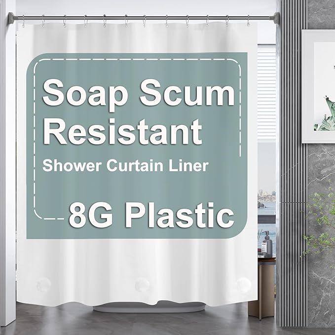 AmazerBath White Shower Curtain Liner, 70 x 72 Inches EVA 8G Heavy Duty Plastic Shower Curtain Liner, Waterproof Weighted Thick Bathroom Curtain with 3 Clear Weights and 12 Rustproof Grommet Holes