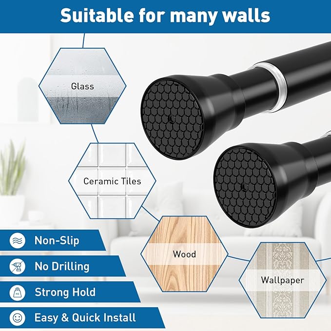 Black Tension Rod 16 to 26 Inch 2 Pack Small Tension Rod Adjustable Curtain Rod Spring Rod No Drilling Expandable Pressure Curtain Rod for Bathroom,Doorway,Door