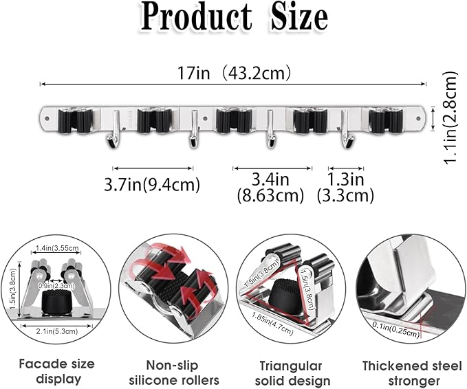 2 Pack Mop and Broom Holder Wall Mount, 5 Racks and 4 Hooks Broom Organizer Storage Tool Racks Stainless Steel Heavy Duty Hooks Self Adhesive Solid Non-slip for Home Kitchen Garden Laundry Garage