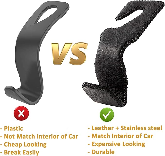 AMVOYOA Car Headrest Hook, Leather Vehicle Back Seat Hanger Storage for Purse Groceries Bag and More, Black&Red, Pack of 2