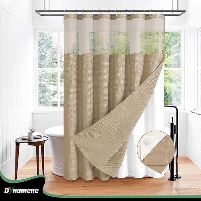 Dynamene Extra Long Shower Curtain, 84 Inch Long Waffle Fabric Shower Curtain for Bathroom, Tall Waterproof Cloth Shower Curtain Liner Set with Hook, Snap in Liner, Mesh Top Window, Beige, 72x84
