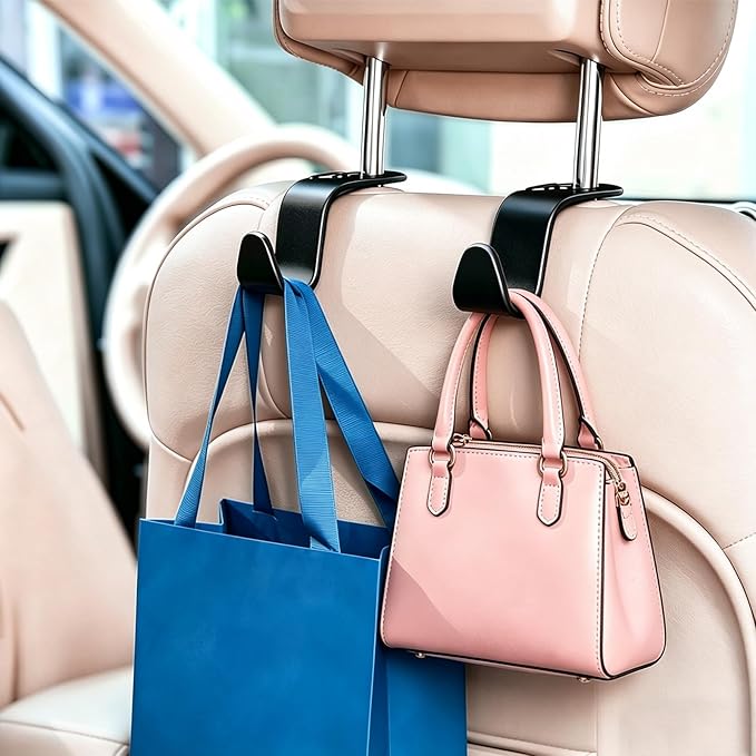 4 Pack Car Back Seat Headrest Hook Hanger for Purse Grocery Bag Handbag Hat, Purse Hook for Car with Clip