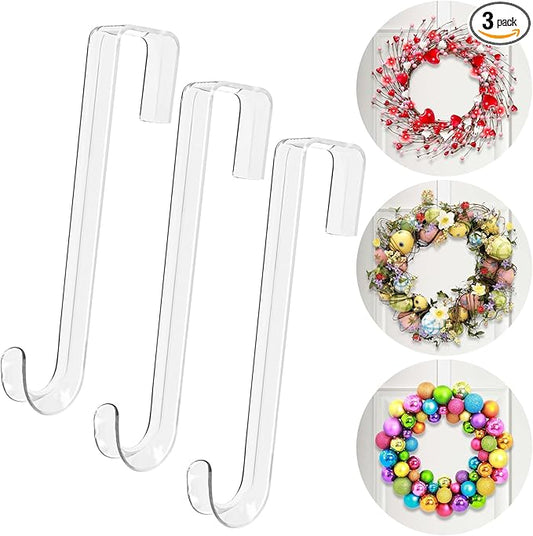 Wreath Hanger,12" Clear Wreath Hangers for Front Door Décor,3 Pack Easter Fall Wreath Door Hanger Hook,Non Scratch Over The Door Hooks for Hanging Christmas Wreath Decorations Clothes Outdoor Indoor