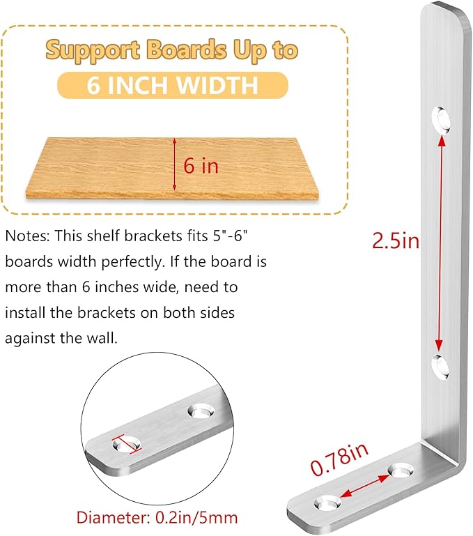 LSK L Bracket, 5"×2"(125×50mm) Heavy Duty Stainless Steel Corner Bracket for Wooden Board Max Load : 42lb, Pack of 6