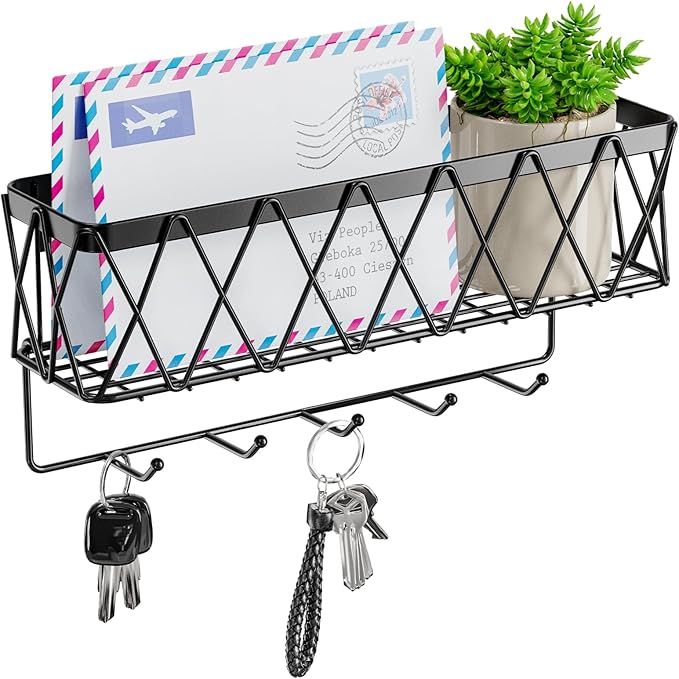 Key Holder Wall Mount Adhesive- Key and Mail Holder for Wall with 5 Hooks, Wall Mounted Mail Organizer and Key Rack, Modern Basket Key Hanger for Entryway, Home, Living Room Wall Decor, Black