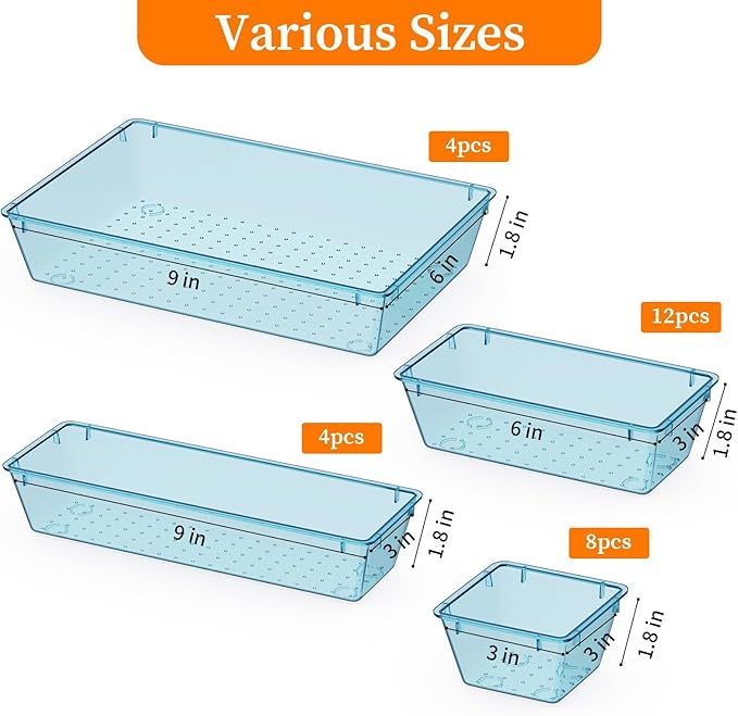 StorMiracle 32 PCS Clear Plastic Drawer Organizer Set, 4-Size vanity organizer Trays and Storage Bins for Makeup, Jewelry and Gadgets in Bedroom, Bathroom and Office, Clear Sea Blue