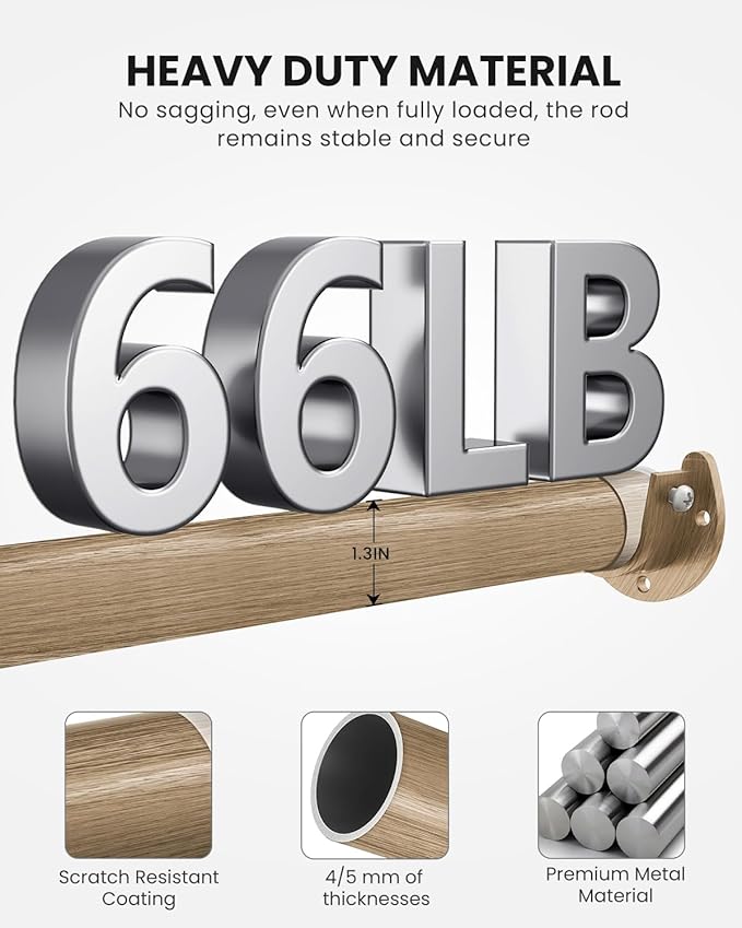 Closet Rods for Hanging Clothes, 17 to 39 Inches Stepless Adjustable Metal Closet Rod, 1.3 Inches Heavy Duty Clothes Hanging Rod for Closet Wardrobes Laundry RV(Wood Grain)