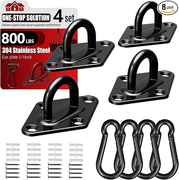 sprookber 304 Stainless Steel Pad Eye Snap Hooks, M6 Heavy Duty Ceiling Hooks, 800 lb Capacity Hammock Swing Hanging kit, Plant Hangers, Marine Hardware Staple Hook Loop with Screws, Set of 8(Black)