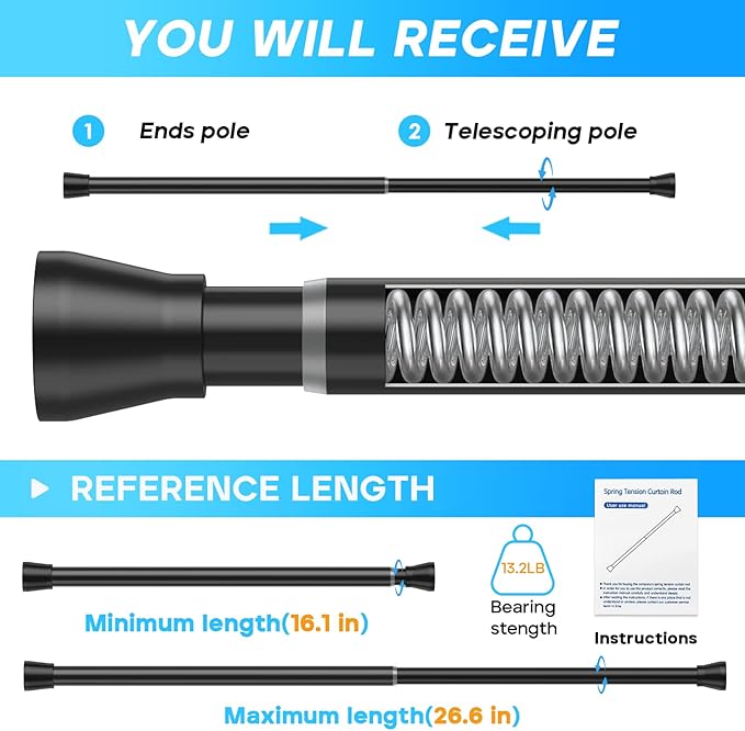 Small Tension Rod Black Spring Curtain Rod No Drilling Spring Tension Rods 1pack Adjustable Curtain Rod Tension for Bookshelf Diy Projects Kitchen, Cupboard,Tension Rod 16 to 26 Inch