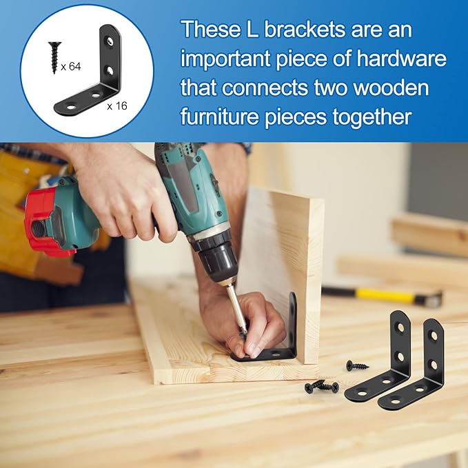 16 Pcs L Bracket Stainless Steel Corner Brace Sets, 90 Degree Right Angle Bracket with 64 Pcs Screws, L Bracket Firmware Can Be Used for Wooden Shelves, Chairs, Tables, Dressers, Furniture (Black)