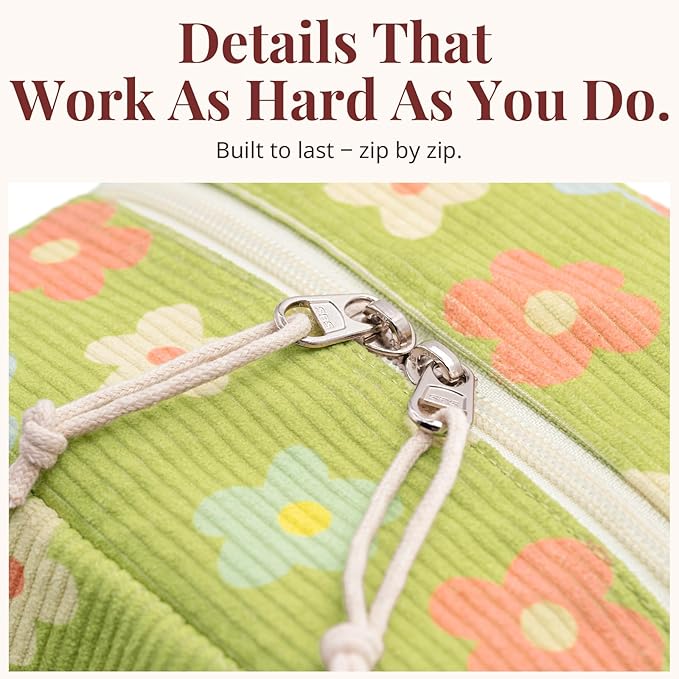 LOVELYWIND Insulated Floral Green Lunch Bag for Women, Corduroy Tote with Aluminum Lining, Large Capacity Reusable Cooler for Work, Travel, Beach or Picnic, Floral Pattern Water-Resistant Lunch Box