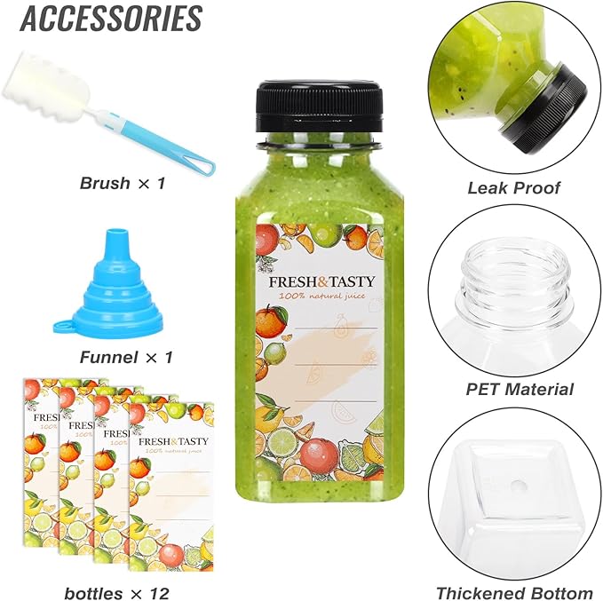 TOMNK 12pcs 8oz Plastic Juice Bottles with Caps Empty Reusable Clear Bottles with Label, Funnel and Brush Beverage Containers Bulk with Lids for Juicing, Smoothies, Fridge