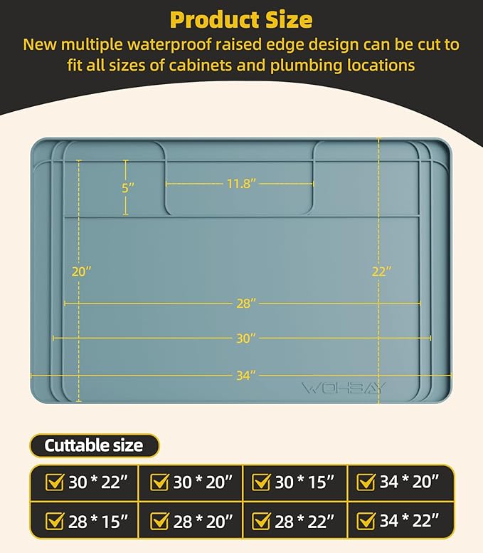 Wohbay Under Sink Mats for Kitchen Waterproof, 34" X 22" Or Smaller Cut to Fit Under Sink Drip Tray for Kitchen Bathroom Cabinets, Silicone Sink Liner Hold Up to 3.3 Gallons Liquid - Teal