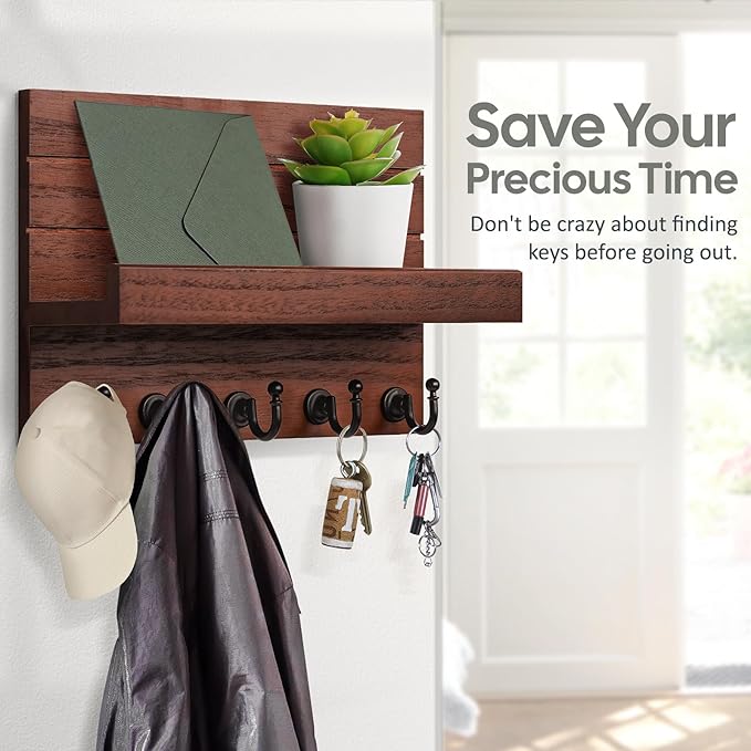 HONJIN Mail and Key Holder for Wall: Easy Installation Modern Mail Holder Wall Mount Key Shelf for Hallway Living Room House Decoration (Brown)