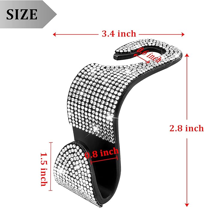 Dermasy 2 Pack Car Hooks, 2021 New Bling Rhinestones Crystal Hooks Car Decorations Auto Seat Back Organizers Strong and Durable Backseat Hanger Storage Universal for SUV Truck Vehicle (Silver)
