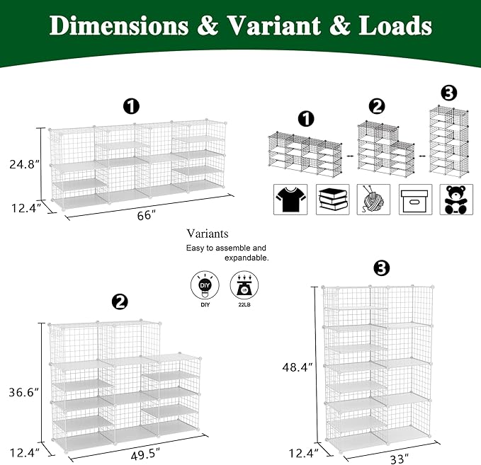 C&AHOME Wire Cube Storage Unit, Interlocking Metal Wire Organizer with Divider Design, Modular Cabinet with Plastic Panels, Bookshelf Stackable Closet Organizer with Small Hooks, White UWCSIM08W