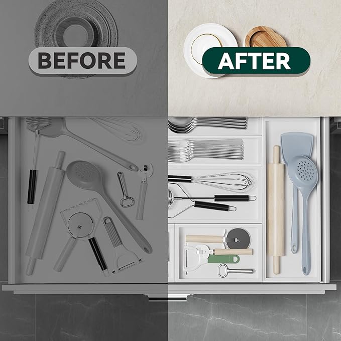 Lixple Bamboo Drawer Organizer, Cutlery Silverware Organizer for Kitchen Drawer, Stackable Utensil Organizer, 2 Pcs Flatware Organizer for Drawer, Wooden Storage Box Tray (White, 12 X 6 X 2 Inch)