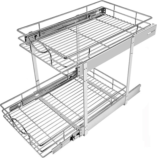 Sikarou Pull Out Cabinet Organizer 20" W x 21" D 2-Tier Individual Slide Out Drawer Pantry Shelf Storage for Kitchen Base Cabinet Organization for Kitchen, Bathroom, Pantry, Chrome