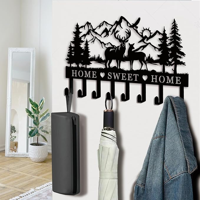 Deer Metal Key Holder for Wall, 14.5" X 9.2", Key Hooks for Wall Organizer, Key Rack, Forest Theme Coat Hat Towel Hooks, Ideal for Living Room, Hallway, Office