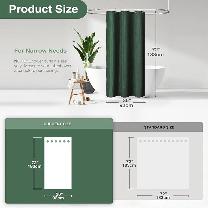 Dynamene Stall Fabric Shower Curtain - 36x72 Waffle Weave Weighted Cloth Shower Curtains for Bathroom, Neutral Heavy Duty Hotel Spa Luxury Bath Curtain Set with 6 Plastic Hooks, Dark Green
