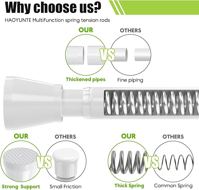 Tension Curtain Rod 2 Pack 30-64 Inch Curtain Rods No Drilling White Tension Spring Rod Adjustable Curtain Rod Expandable Pressure shower Rod for Windows Closet Doorway