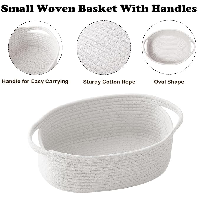 2 Pack Small Woven Rope Basket-Empty Gifts Basket with Bag and Ribbons,Cute Handle Organizer Box for Birthday/Baby Shower, Toy Storage, Nursery Organizing & Shelf Decor(White)