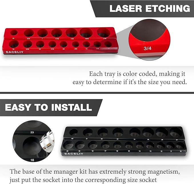 EACELIY 1/2" Magnetic Socket Organizer Set, 2-Piece SAE & Metric Socket Holder Kit,，Tools tray， holds 35 Deep and Shallow 1/2" Sockets, attaches to steel box/tool cart (sockets not included)