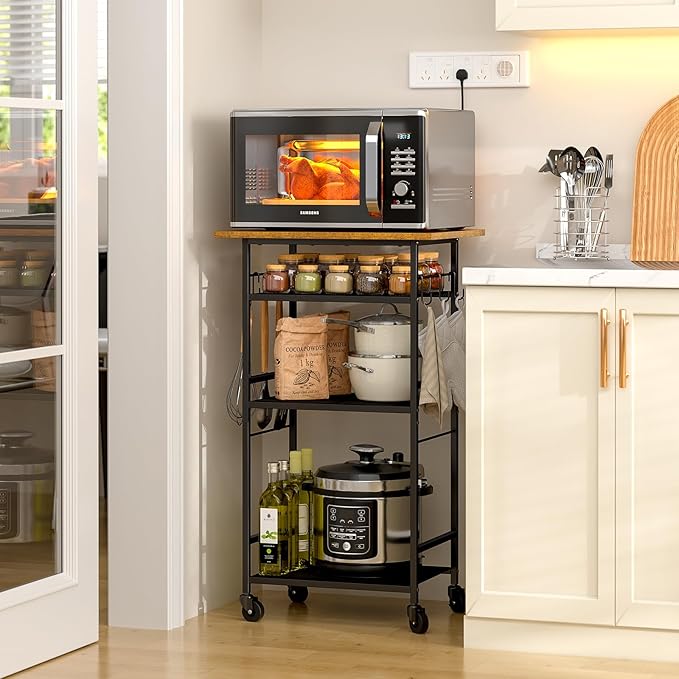 ThreeHio Rolling Kitchen Microwave Cart, 4 Tier Microwave Table Stand with Storage, Kitchen Storage Rack on Wheels, Coffee Station Cart Rack Shelf Organizer for Living Room Office, Balcony