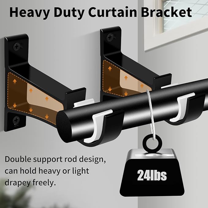 KOLAKO Curtain Rod Bracket, 20 Pack Heavy Duty Holders, Black Rod Hooks for Wall, Support Brackets for 1 Inch Drape Poles