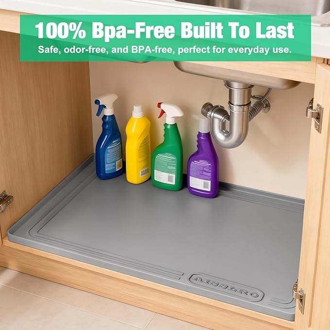 Aisslro Under Sink Mat 28" X 19", Waterproof Silicone Under Sink Mats for Kitchen, Anti-Leak Shelf Liner & Cabinet Protector with Raised Edge, [BPA Free] Bathroom Tray Home Organizer, Grey