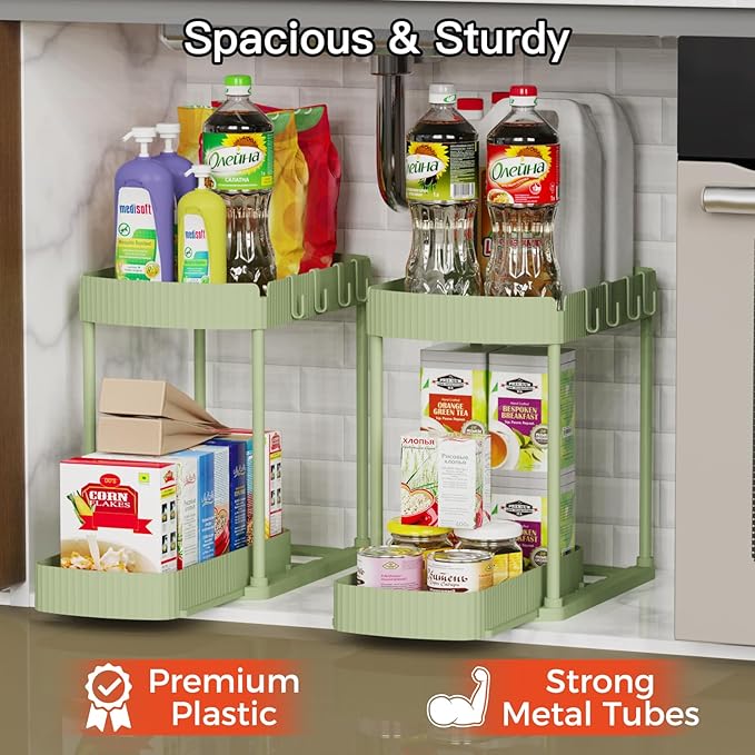 2 Pack Multi-Purpose Pull-Out Storage Organizers, Under Sink Organizers and Storage for Bathroom & Kitchen, Under Cabinet Organizers and storage, 12.8 Inch, Green