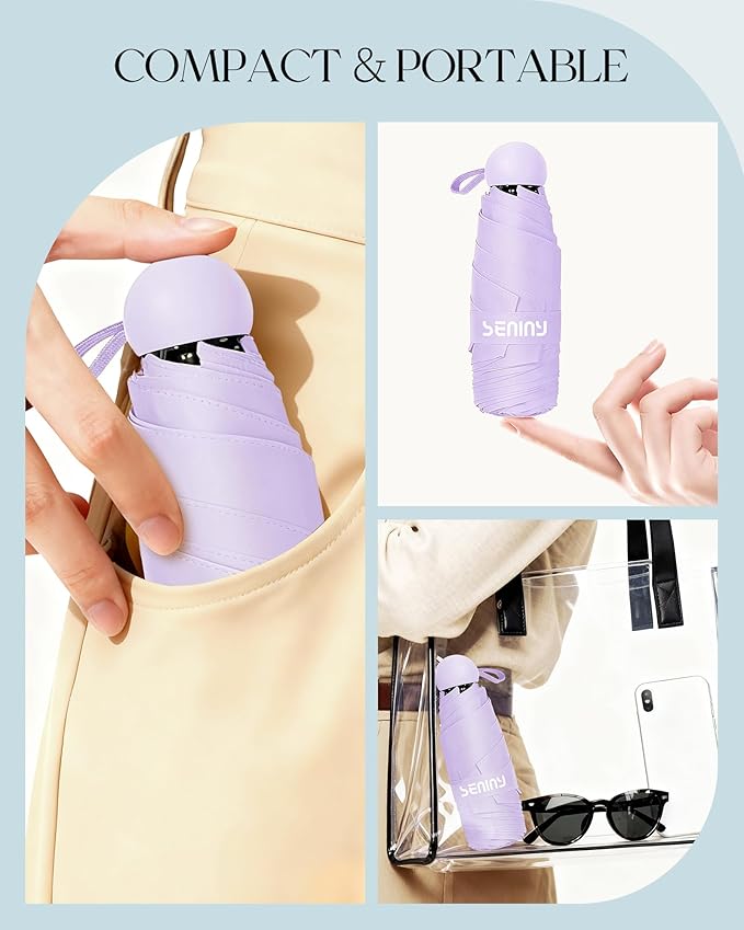 Seniny Mini Portable Travel Umbrella with Case - Compact Umbrellas for Rain & Sun UV Protection for Backpack Pocket, Lightweight Folding Small Umbrella, Tiny Purse Size UV Blocker for Kids Women Girls